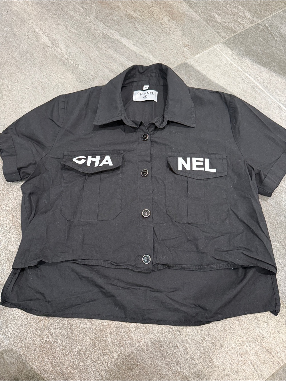 CHANEL Black Short-Sleeve Button-Front Shirt with White Logo Pockets